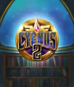 Explore the enchanting artwork of Cygnus 2 Slot by ELK Studios, showcasing a luxurious logo with a bright purple and gold design. Positioned against a starlit library setting, this graphic captures the essence of adventure and mystery. 