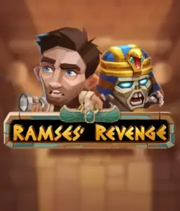 Dive into the mysterious world of Ramses' Revenge slot by Relax Gaming, featuring a surprised explorer and a terrifying mummy against an Egyptian tomb backdrop. This graphic captures the drama of Egyptian archaeology, ideal for fans of Egyptian-themed slots, delivering a thrilling gaming experience. 